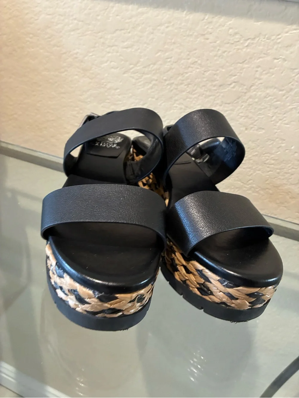 Vince Camuto Miapelle Black and Tan Woven Platform Sandals